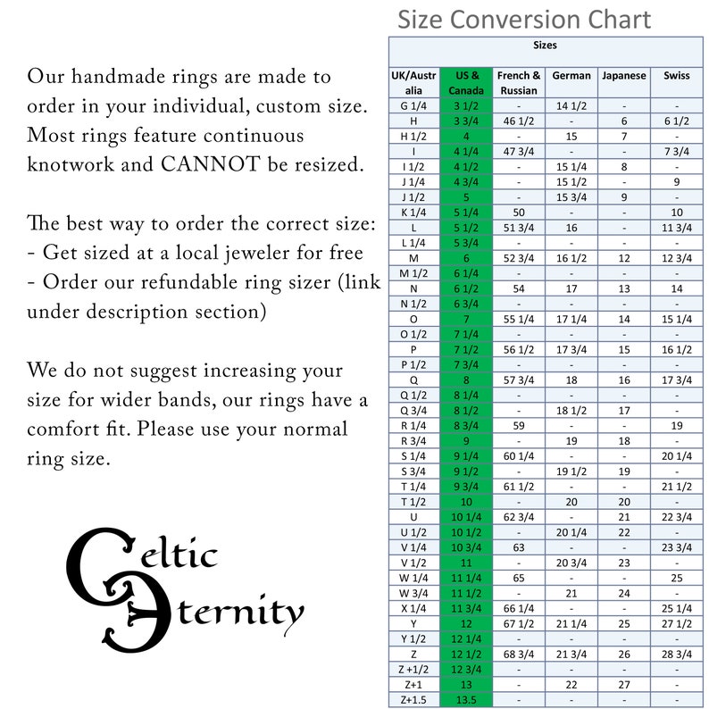 May include: A size conversion chart for rings, showing the corresponding sizes in UK/Australia, US & Canada, French & German, Japanese, and Swiss. The chart includes sizes from G 1/4 to Z+1.5.
