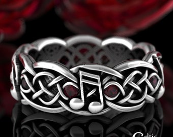 Ruby Celtic Wedding Ring, Sterling Silver Wedding Ring, Music Notes Ring, Musical Wedding Ring, Music Jewelry, Silver Music Ring, 1714