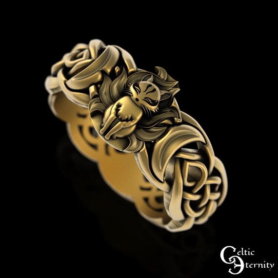 10K Nine Tailed Fox & Crescent Moons Ring, White Gold Kitsune