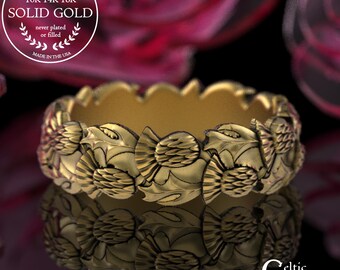 Gold or Platinum Royal Thistle Ring, Scottish Thorned Blossom Wedding Band, Guardian Flower Handfasting Ring, Irish Sacred Union Ring, 1785