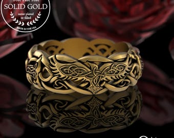Gold/White Gold Raven & Wolves Wedding Ring, Wolf Nordic Wedding Band, 10K 14K 18K Gold Viking Raven Ring, Brides Celtic Wolf Wedding, 4698