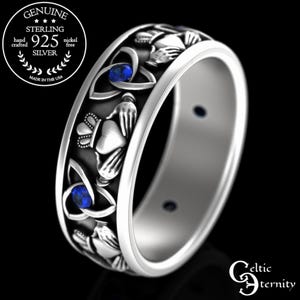 Mens Sterling Claddagh Ring, Sapphire Claddagh Wedding Band, Silver Irish Heart Crown Ring, Sapphire Crown Wedding Ring, Handfast Ring, 3079