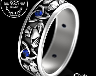 Mens Sterling Claddagh Ring, Sapphire Claddagh Wedding Band, Silver Irish Heart Crown Ring, Sapphire Crown Wedding Ring, Handfast Ring, 3079