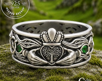 Emerald Claddagh Ring For Celtic Man, Sterling Nature Inspired Wedding Band, Irish Tree Leaves Ring, Silver Scotland Groom Handfasting, 2042