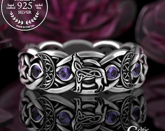 Amethyst & Sterling Magic Wolf Ring, Celestial Wolf Goddess Ring, Witchy Crescent Moons Ring, Pagan Wedding Band, Woman's Wiccan Ring, 3261