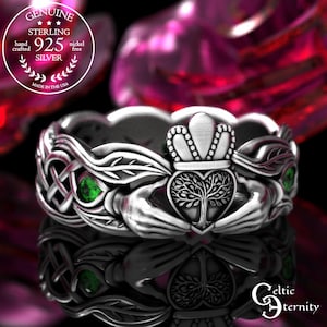 Sterling & Emerald Tree Handfasting Ring, Sapphire Forest Claddagh Wedding Band, Woman&#39;s Celtic Nature Ring, Heartwood Chladaigh Ring, 2041