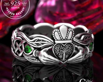 Sterling & Emerald Tree Handfasting Ring, Sapphire Forest Claddagh Wedding Band, Woman's Celtic Nature Ring, Heartwood Chladaigh Ring, 2041