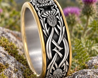 2tone Scottish Thistle Wedding Band, Sterling & 10K Gold Order of the Thistle Ring, Celtic Groom Wedding Ring, BiMetal Celtic Men Ring, 4051