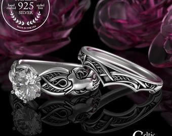 Matching Bridal Cat Wedding Set, Sterling Kitty Cats Engagement & Chevron Accent Ring, Moissanite Irish Kitten Solitaire Ring, 3273 1971