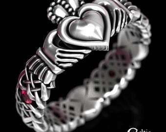 Sterling Silver & Ruby Claddagh Ring, Modern Claddagh Wedding Ring, Ruby Claddagh Ring, Claddagh Wedding Band, Silver Claddagh Ring, 1545