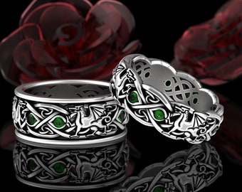 Matching Emerald Dragon Wedding Bands, Emerald Norse Rings, Sterling His Hers Dragon Rings, Scottish Wedding Bands, Welsh Dragons, 3016 3109