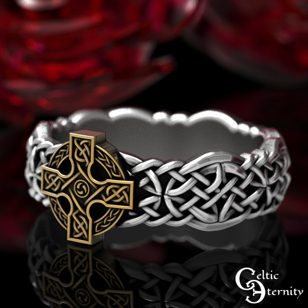 Sterling & 10K Cross Wedding Band Mens Celtic Cross Ring Etsy