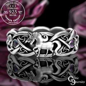 Sterling Alexandrite Unicorn Ring, Silver Mystic Steed Ring, Women's Celtic Mythic Stallion Ring, Celestial Horse Ring, Pony Ring, 3032