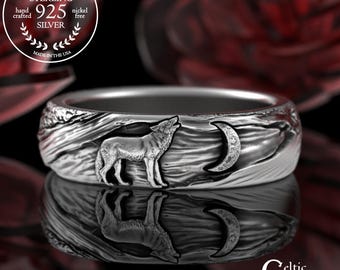 Sterling Wolf Howling at the Moon Ring, Silver Crescent Moon with Tree Bark Texture, Wolf Totem Spiritual Jewelry, Lone Wolf Warrior, 3288