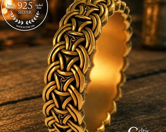 14K Gold Norse Shield & Trinity Wedding Band, 18K White Gold Linked Chain Ring, Platinum Interlocking Viking Medieval Chainmail Design, 3304