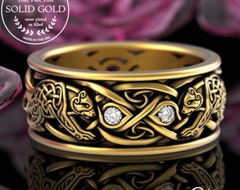 Mens Viking Gold Bear Ring, 10K 14K Moissanite Man Wedding Band, Nordic Bear Ring in White Gold, Diamond Bear Celtic Wedding Ring, 3095