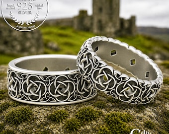 Sterling His & Hers Irish Knotwork Wedding Bands, Matching Celtic Trinity Anniversary Rings, Classic Scottish Woven Ring Set, 2080 2081