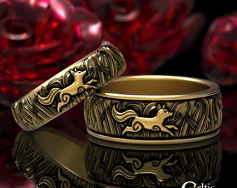 Gold Fox Wedding Ring Set, 10K Celtic Fox Rings, Matching Gold Wedding Ring Set, Matching Celtic Gold Rings, 10K Fox Wedding Band, 1907 1908