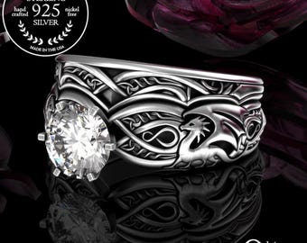 Stacking Dragons Bridal Wedding Set, Mother of Dragons Engagement, 1 Carat Womens Fitted Solitaire Set, Bride Silver Irish Dragon, 3185 1971