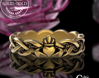Gold/White Gold Woman's Unbroken Claddagh Wedding Ring, 18K Delicate Irish Ring, Royal Crown Handfasting Ring, Platinum Scottish Love, 3280