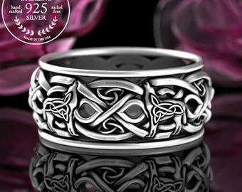 Sterling Silver Norse Wolf Wedding Band, Mens Nordic Wolf Wedding Ring, Celtic Wolves Silver Ring, Infinity Wolf Ring, Nordic Wedding, 4269