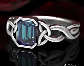 Alexandrite Engagement Ring, Emerald Cut Ring, Sterling Silver Celtic Ring, Celtic Engagement Ring, Alexandrite Solitaire Ring, 401