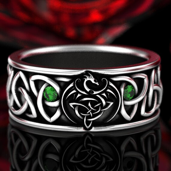 Celtic Dragon Ring Sterling Silver & Emerald Wedding Band Etsy