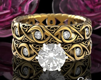 Gold Moissanite Irish Bridal Wedding Ring Set, 10K Gold Matching Wedding Engagement, Womens Gold Celtic Engagement Set, Infinity, 1409 4741