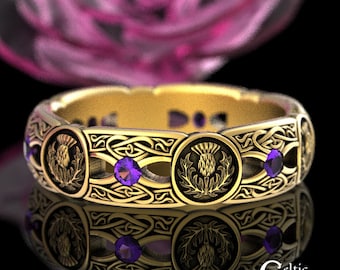 Amethyst Celtic Gold Wedding Ring, Womens 10K Thistle Ring, 14K Gold Irish Thistle Wedding Band, 10K Amethyst Scottish Ring for Her, 4408