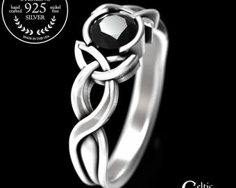 Celtic Black Sapphire Engagement Ring, Trinity Knot Design in Sterling Silver, Celtic Engagement Ring, Black Sapphire Wedding Ring 405