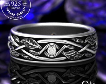 Men's Moissanite Forest Wedding Ring, Sterling Groom's Botanical Ring, Silver Irish Nature Marriage Ring, Tree Leaves Ring, 2053