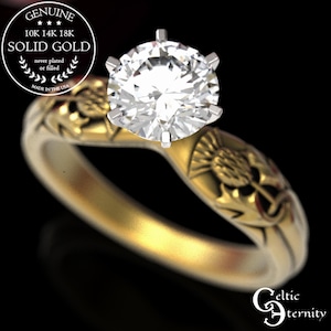 Gold Thistle Engagement Ring, 10K Scottish Thistle Ring, Moissanite Scottish Engagement Ring, 14K Thistle Wedding Ring, 14K Thistle, 1894