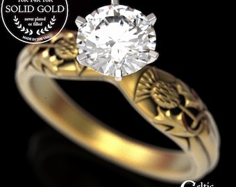 Gold Thistle Engagement Ring, 10K Scottish Thistle Ring, Moissanite Scottish Engagement Ring, 14K Thistle Wedding Ring, 14K Thistle, 1894
