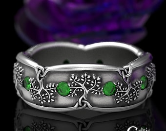Emerald & Sterling Silver Celtic Tree of Life Band, Tree of Life Wedding Ring, World Tree Wedding Ring, Druidic Pagan Handfasting Ring, 1365