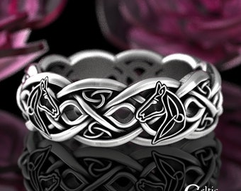 Womens Horse Ring, Sterling Horse Ring, Silver Horse Wedding Ring, Horse Wedding Band, Irish Horse Jewelry, Celtic Horse Knotwork Ring, 3104
