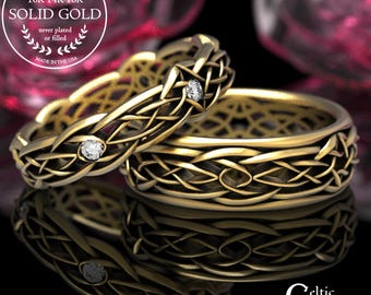 Gold Celtic Knot Wedding Set Moissanite, Dris-Muine Irish Knot Rings, 14K Gold Bride Groom Marriage Rings, Platinum Pagan Vow Rings,1416 111