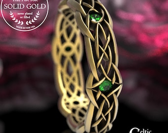 Gold & Emerald Celtic Knot Wedding Band, Dris-Muine Infinity Knot Ring, 10K 14K 18K Gold Platinum Handfasting Ring, Sacred Bond Ring, 1416