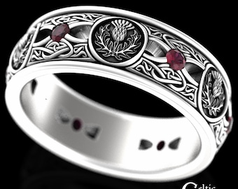 Sterling Thistle Ring, Ruby Thistle Wedding Band, Mens Scottish Wedding Ring, Irish Ruby Thistle Ring, Silver Celtic Thistle Ring, 4409