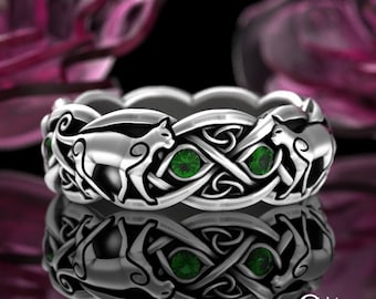 Emerald Cat Ring, Sterling CelticIrish Cat, Swirl Cat Wedding Band, Cat Lover Ring, Scottish Knotwork Ring, Emerald Ring, Feline Ring, 3097