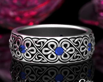 Trinity Sterling & Sapphire Celtic Wedding Band, Sapphire Celtic Ring, Mens Classic Irish Band, Celtic Trinity Knot Wedding Band, 1829