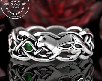 Sterling Silver Otter Wedding Band, Women's Sea Creature Ring, Silver Emerald Celtic Otter Spirit Animal Jewelry, Bridal Ocean Theme, 3025