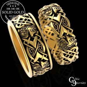 Gold Fox Wedding Ring Set, 10K Celtic Fox Rings, Matching Gold Wedding Ring Set, Matching Celtic Gold Rings, 10K Fox Wedding Band, 3020 3153