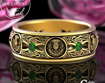 Emerald Gold Thistle Wedding Band, 10K Emerald Scottish Mens Ring, 14K Gold Thistle Wedding Ring, 10K Gold Irish Emerald Ring, 4409