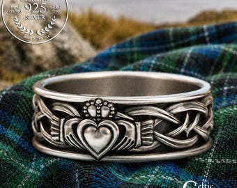 Men's Classic Claddagh Ring, Sterling Groom Heart Hands Wedding Band, Silver Woven Chladaigh Ring, Scottish Crown Handfasting, 3223