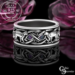 Heren alexandriet Ierse kat ring, Celtic Cat trouwring, Sterling Cat Lover Ring, Scottish Knotwork Ring, Kitty Ring, Feline Ring, 3099
