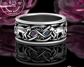 Mens Alexandrite Irish Cat Ring, Celtic Cat Wedding Band, Sterling Cat Lover Ring, Scottish Knotwork Ring, Kitty Ring, Feline Ring, 3099