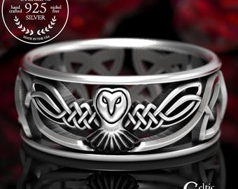 Sterling Silver Owl Wedding Band, Celtic Owl Ring, Celtic Wedding Ring, Irish Wedding Ring, Unique Wedding Ring, Silver Animal Ring, 1016