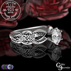 Anillo de compromiso de lobo celta de plata de ley, solitario vikingo de lobos con moissanita, anillo de boda canina con zafiro de plata, anillo de novia con lobo esmeralda, 3177
