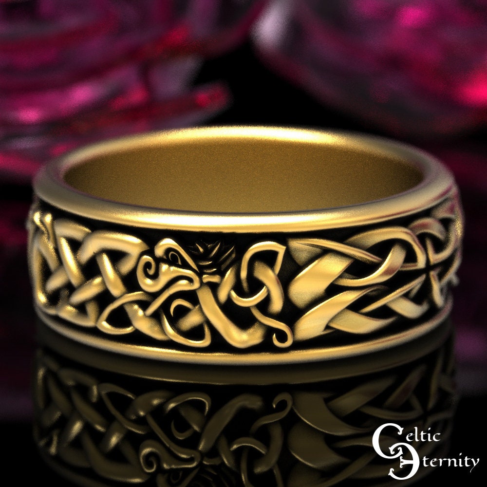 Gold Dragon Wedding Ring, Mens Celtic Dragon Ring, 10K Norse Wedding