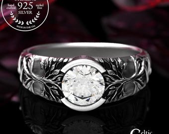 Sterling Yggdrasil Engagement Ring, Moissanite Tree of Life Bridal Ring, Amethyst Celtic Tree Wedding Ring, Ruby Womens Forest Wedding, 2034